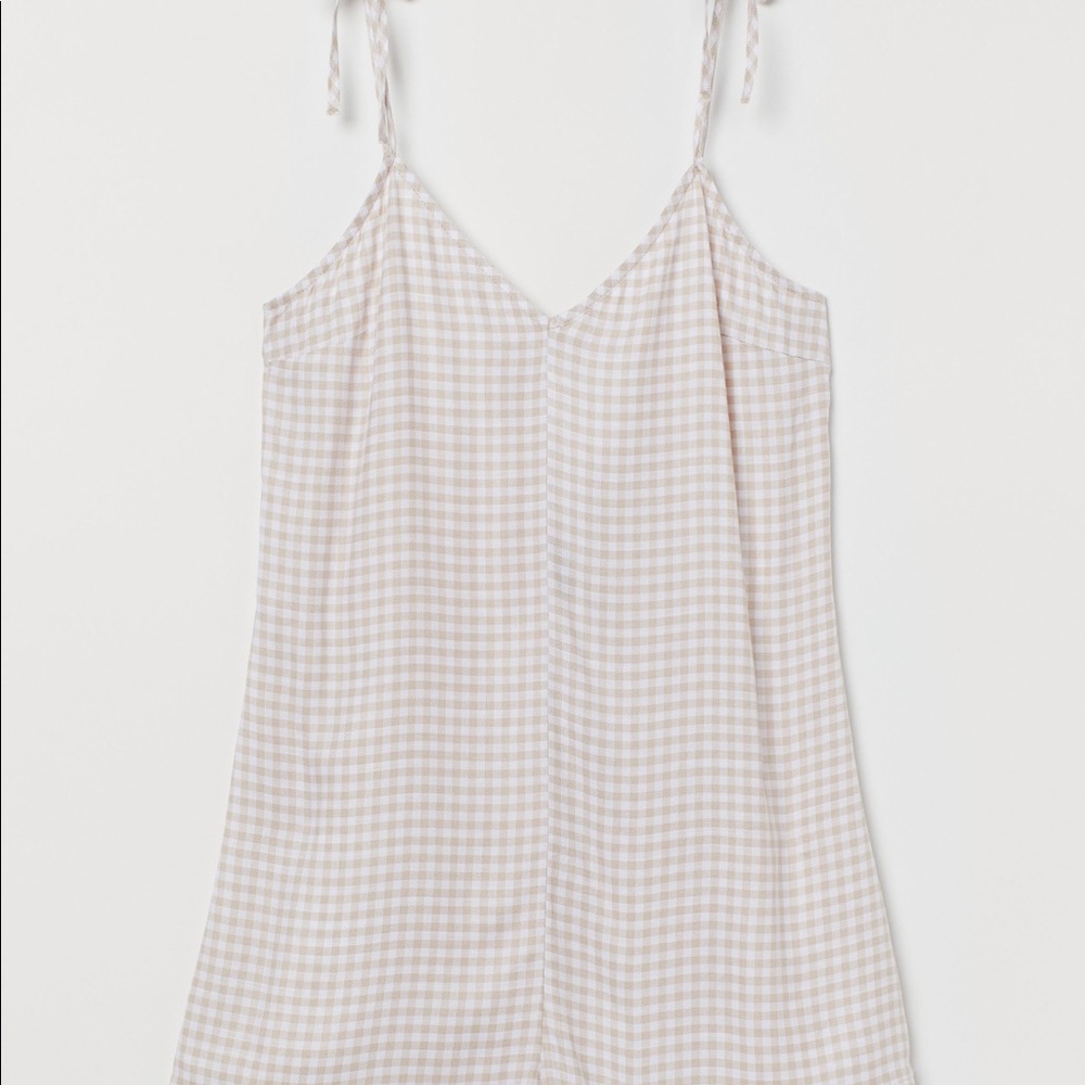 TAN & WHITE GINGHAM ROMPER WITH TIE STRINGS